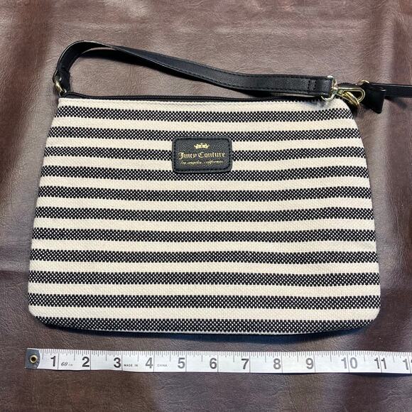 Juicy Couture Striped Canvas Clutch Shoulder Bag Black White Gold Zip 10x7” Logo - Picture 10 of 11